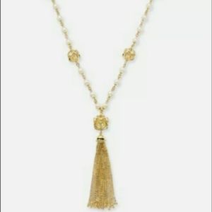 Gold Tone, Long Necklace With Pearl Tassel